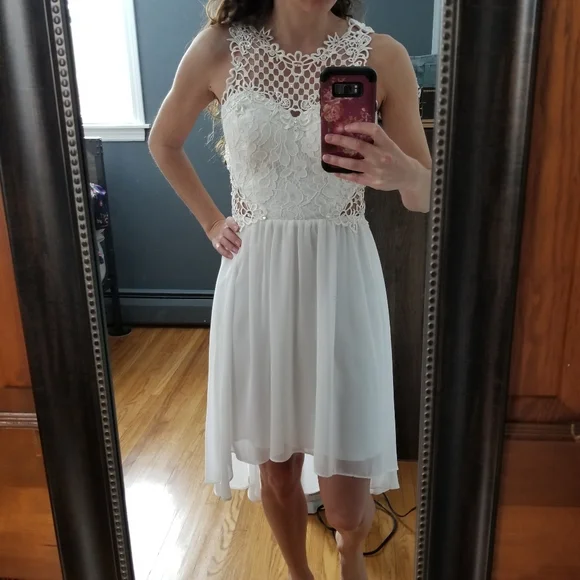 City Triangles White Lace Illusion High Low Dress - Picture 3 of 10